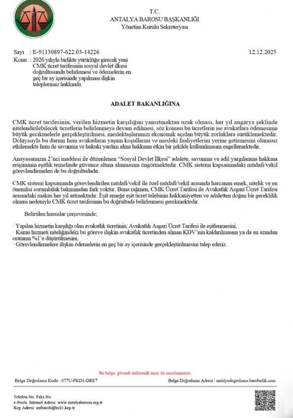 Aykut Kaya CMK Antalya Barosu Avukat Ucret Tarifesi Dilekcesi